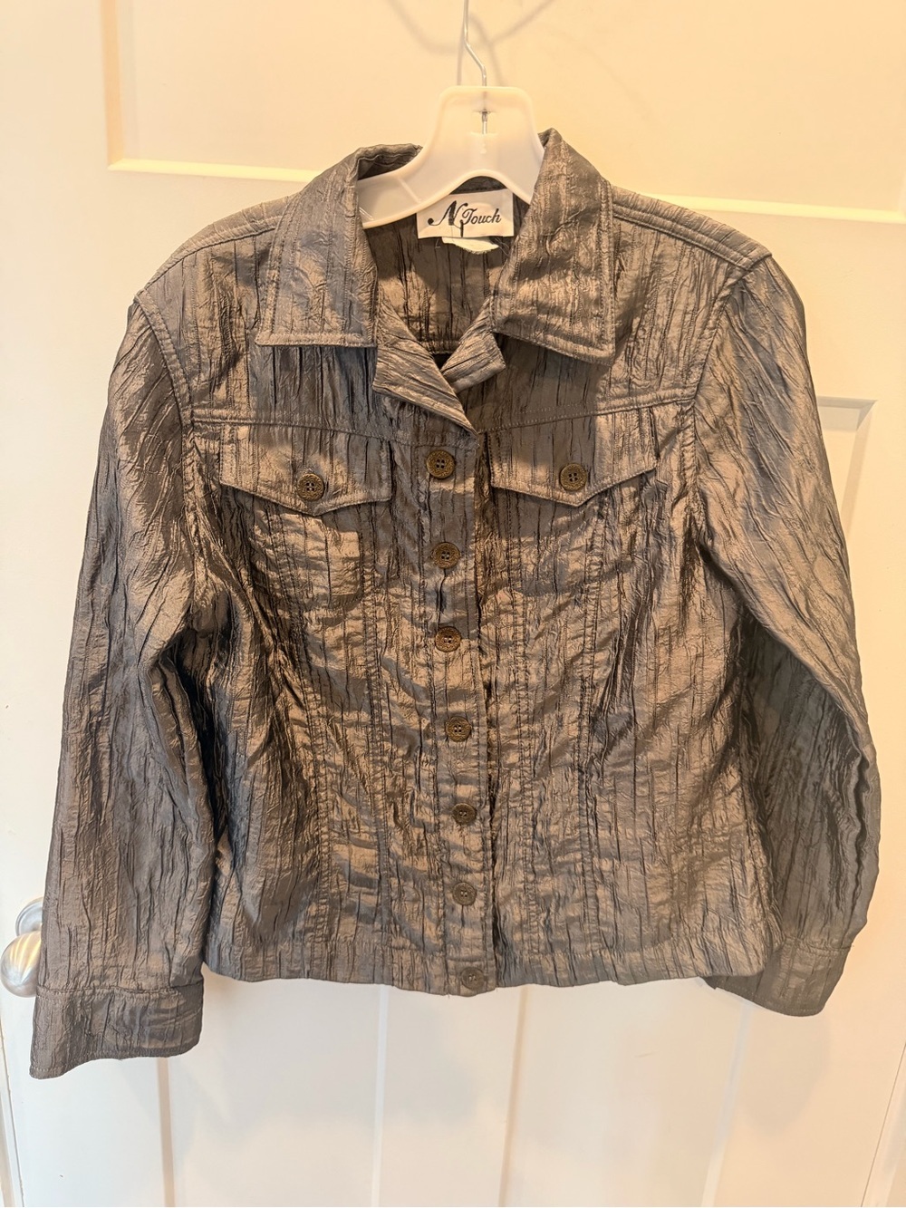 N’Touch Metallic Pewter Crinkle Utility Jacket Button Front Large